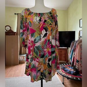 Tropical Floral Dress. RACHEL by Rachel Roy. Fuchsia lime, green, black. Medium